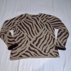 Vtg Northern Isles Linen Silk Blend Zebra Print Faux‎ Fur Cuff Sweater Size S